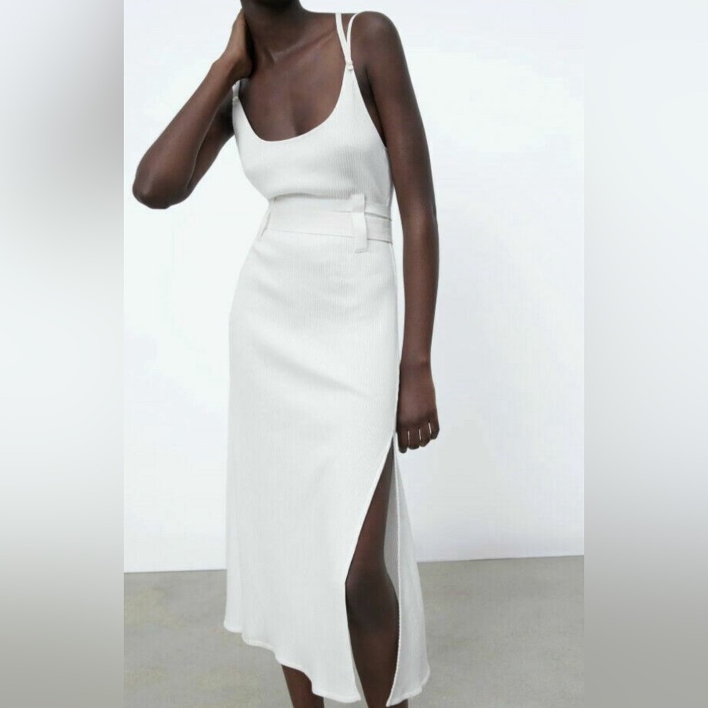 ZARA OYSTER WHITE RIBBED MIDI DRESS